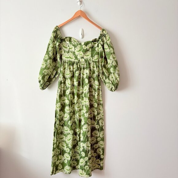 Zara Floral Off The Shoulder Cotton Poplin Maxi Dress Green Size Small - Picture 8 of 11